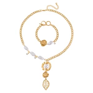 Simulated Pearl and Austrian Crystal Leaf and Nugget Necklace 20-22 Inches and Bracelet (7.50-9.50In) in Goldtone