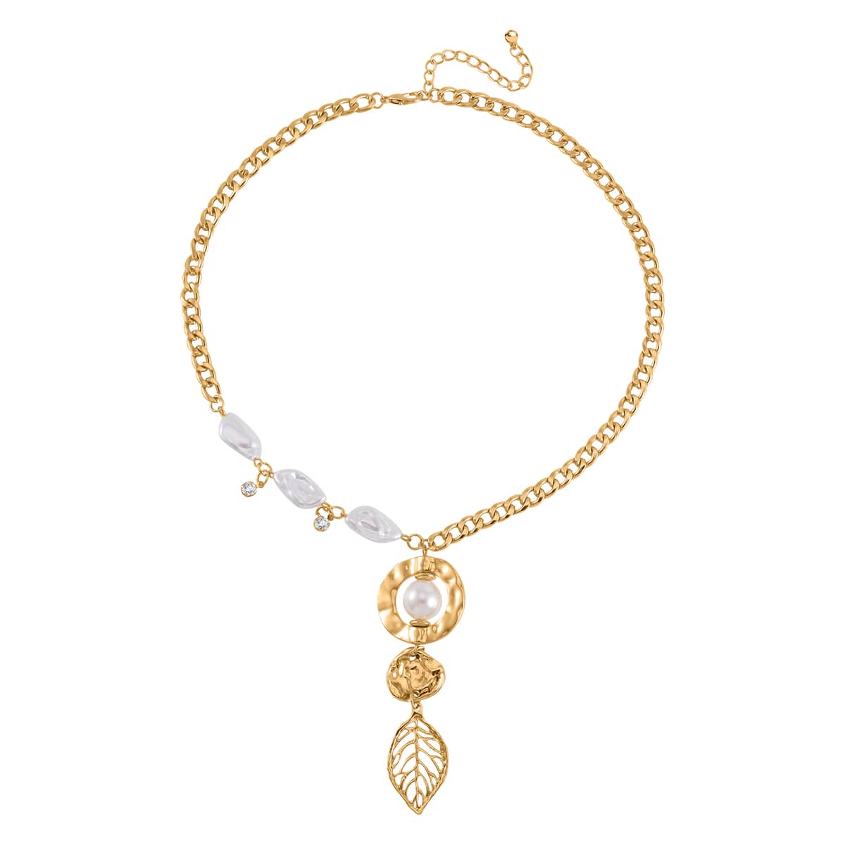 Simulated Pearl and Austrian Crystal Leaf and Nugget Necklace 20-22 Inches and Bracelet (7.50-9.50In) in Goldtone image number 2