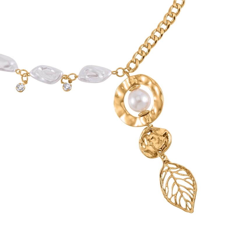 Simulated Pearl and Austrian Crystal Leaf and Nugget Necklace 20-22 Inches and Bracelet (7.50-9.50In) in Goldtone