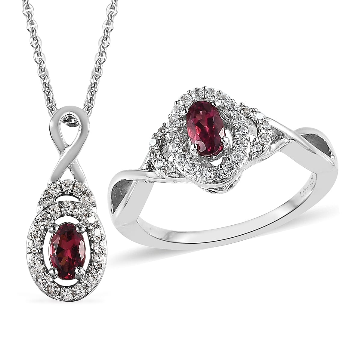 Premium Ouro Fino Rubellite, White Zircon Ring (Size 5.0) and Pendant Necklace 20 Inches in Platinum Over Sterling Silver 0.90 ctw
