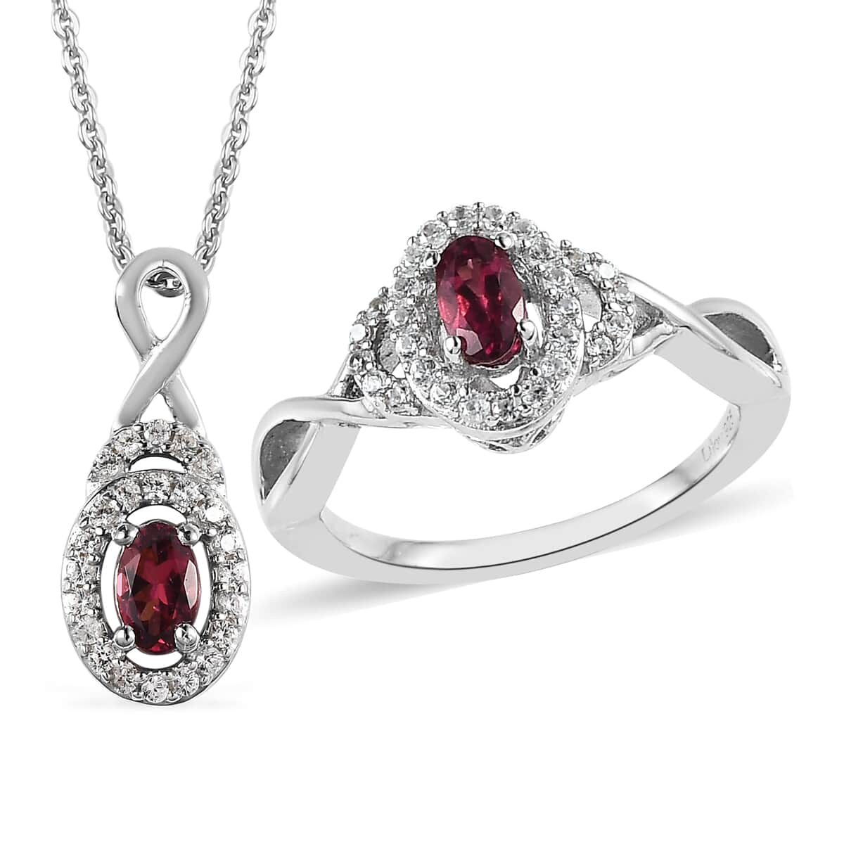 Premium Ouro Fino Rubellite, White Zircon Ring (Size 9.0) and Pendant Necklace 20 Inches in Platinum Over Sterling Silver 0.90 ctw image number 0