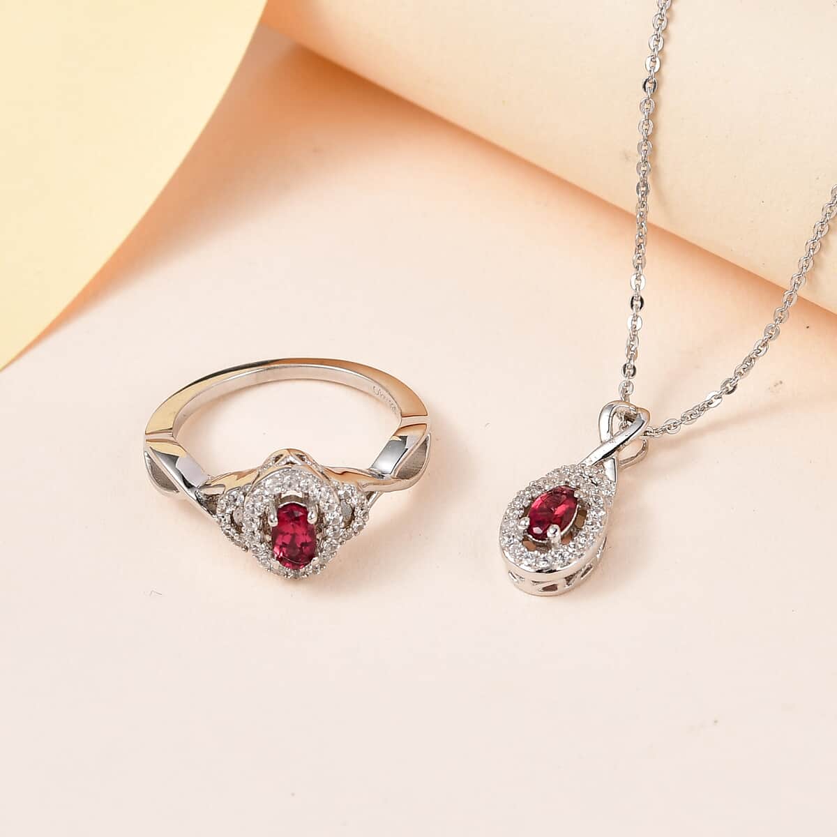 Premium Ouro Fino Rubellite, White Zircon Ring (Size 9.0) and Pendant Necklace 20 Inches in Platinum Over Sterling Silver 0.90 ctw image number 1