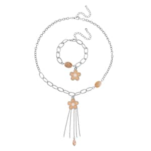 Yellow Quartzite, Champagne Glass, Enameled Floral Charm Necklace 20-22 Inches and Bracelet (7.50-9.50In) in Silvertone 10.00 ctw