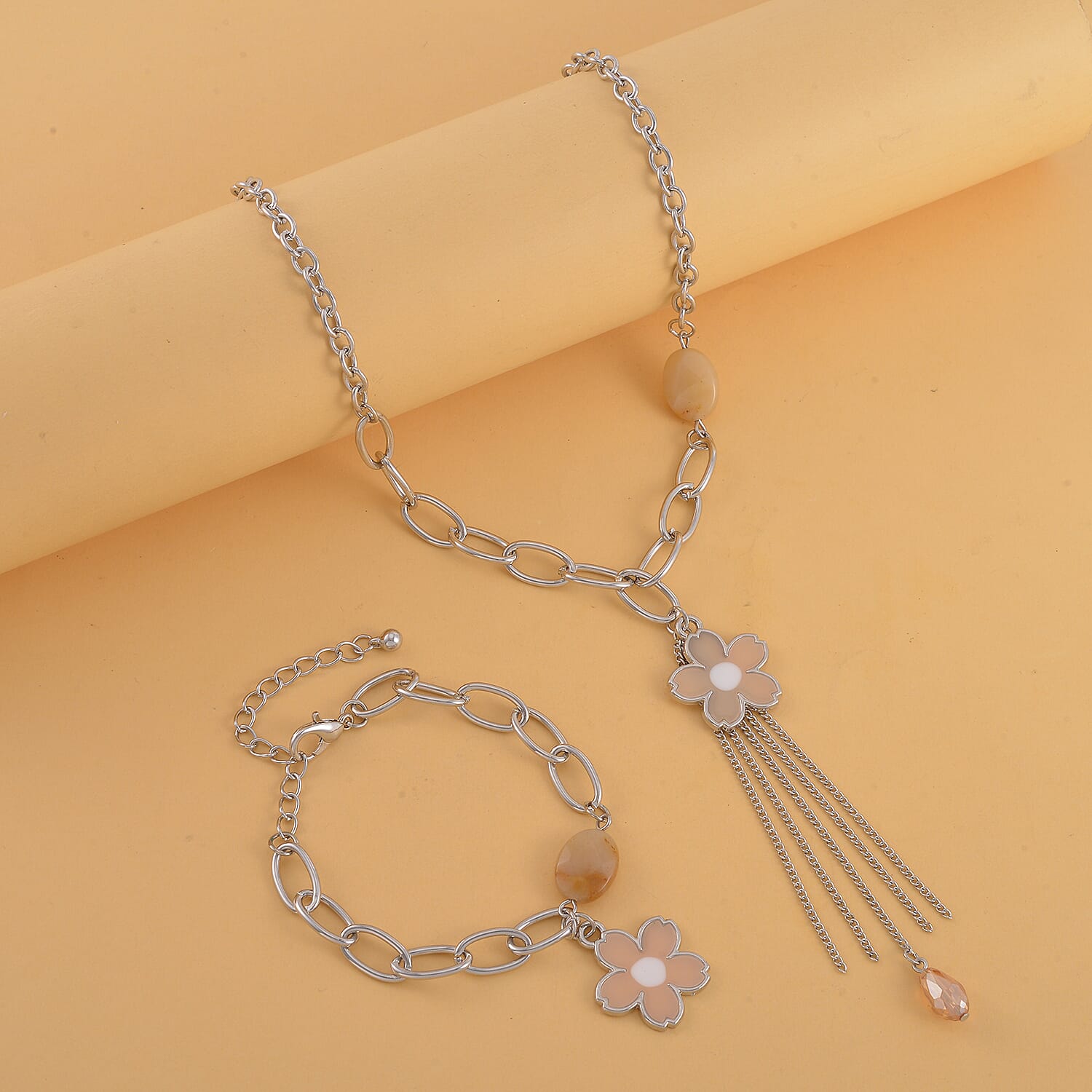 Yellow Quartzite, Champagne Glass, Enameled Floral Charm Necklace 20-22 Inches and Bracelet (7.50-9.50In) in Silvertone 10.00 ctw