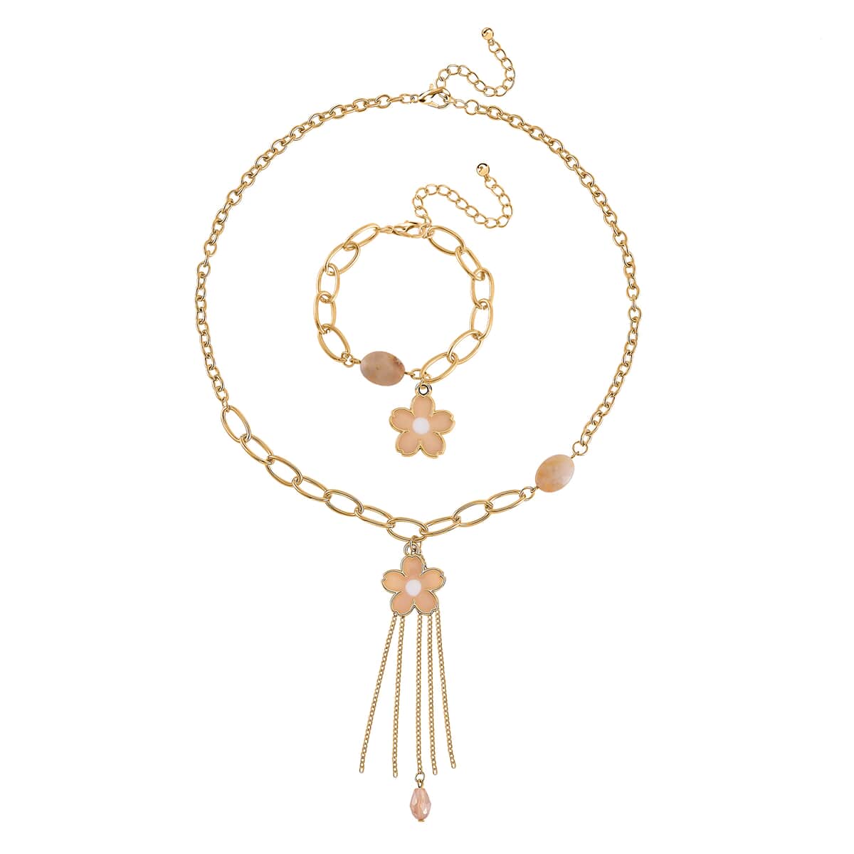 Yellow Quartzite, Champagne Glass, Enameled Floral Charm Necklace 20-22 Inches and Bracelet (7.50-9.50In) in Goldtone 10.00 ctw image number 0