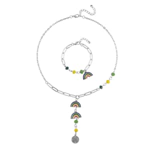 Multi Color Glass and Enameled Semicircle Charm Necklace 20-22 Inches and Bracelet (7.50-9.50In) in Silvertone