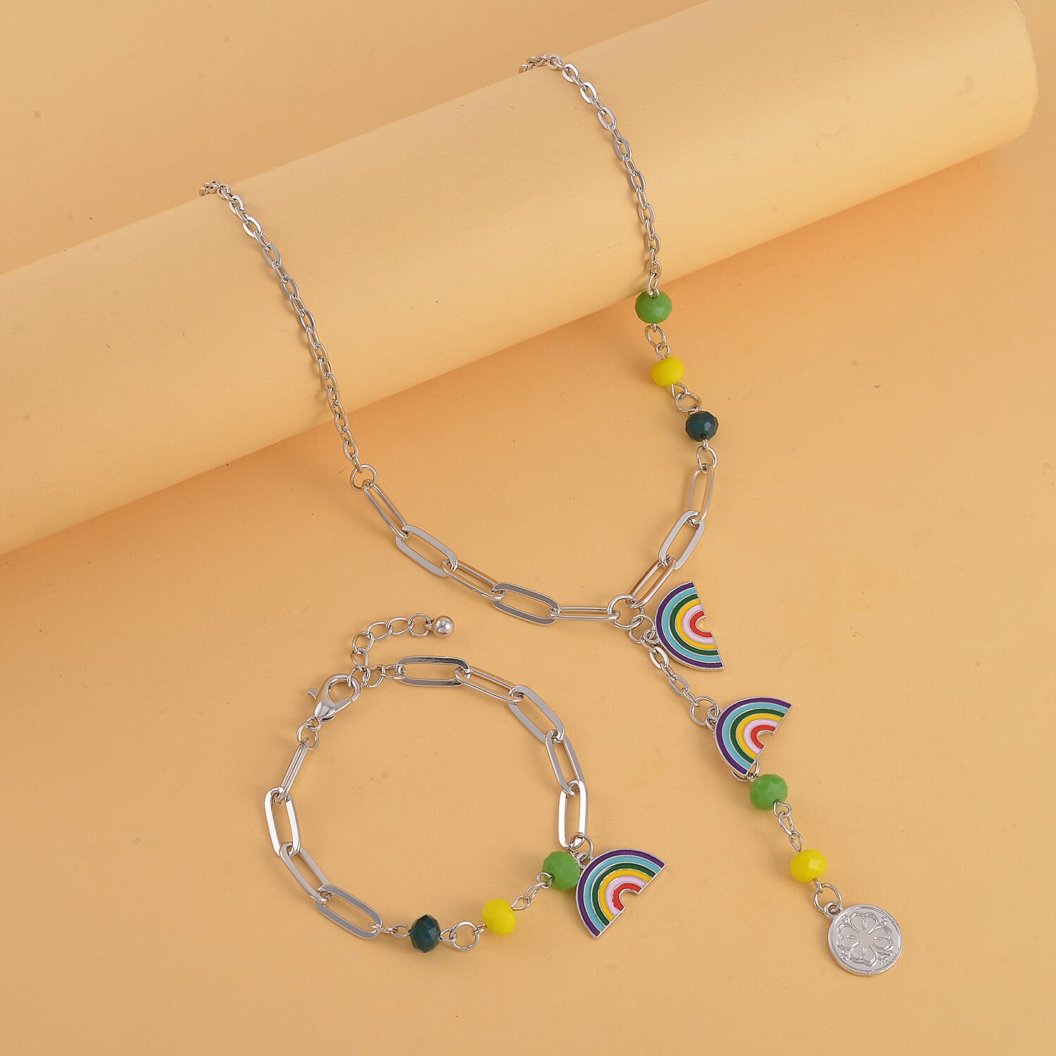 Multi Color Glass and Enameled Semicircle Charm Necklace 20-22 Inches and Bracelet (7.50-9.50In) in Silvertone
