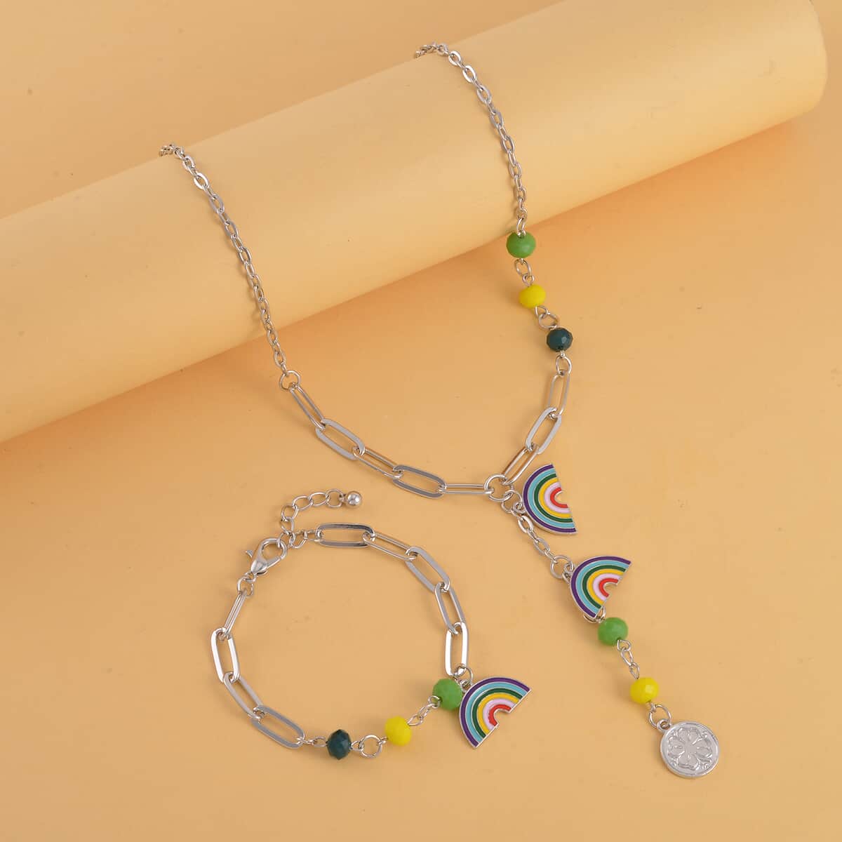 Multi Color Glass, Enameled Floral Charm Necklace 20-22 Inches and Bracelet (7.50-9.50In) in Silvertone image number 1