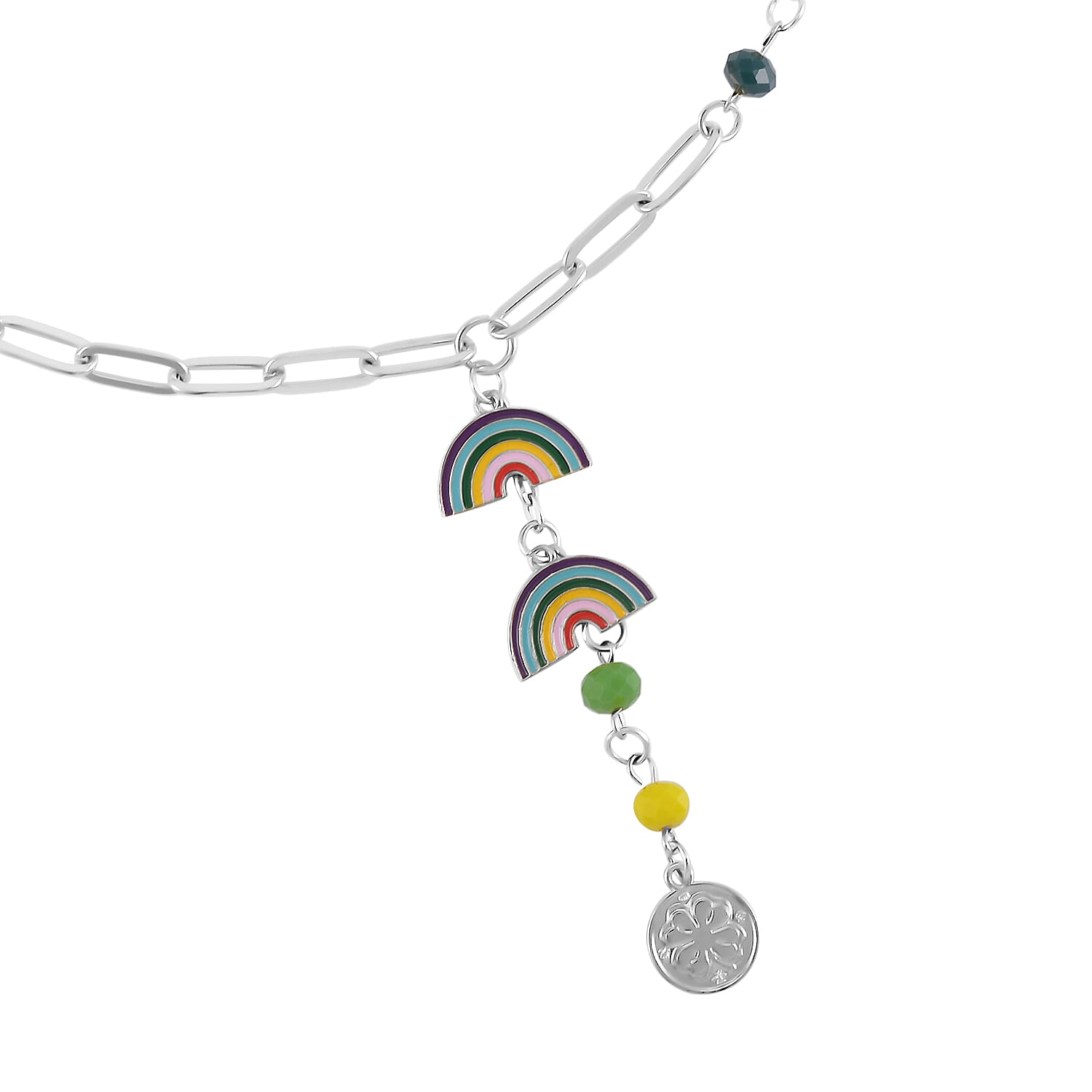 Multi Color Glass and Enameled Semicircle Charm Necklace 20-22 Inches and Bracelet (7.50-9.50In) in Silvertone
