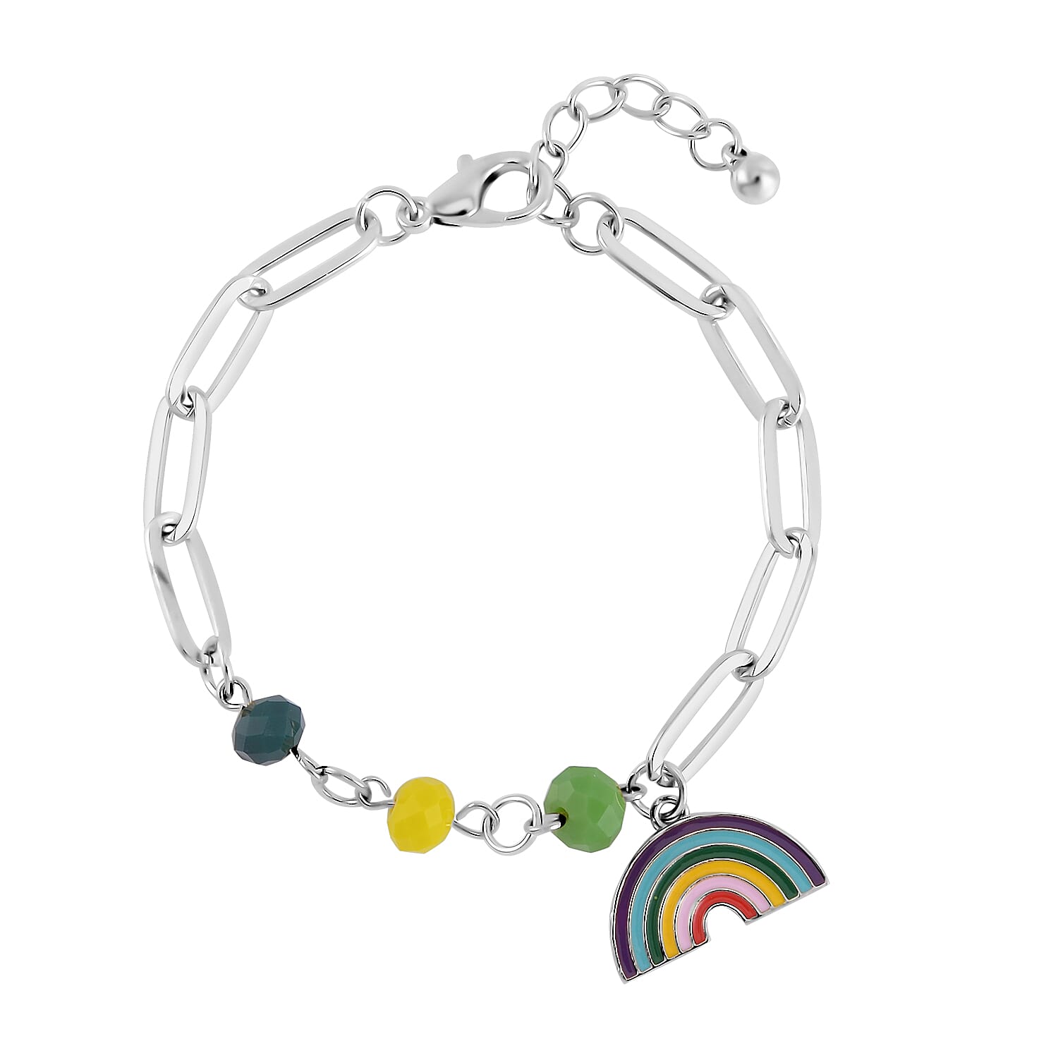 Multi Color Glass and Enameled Semicircle Charm Necklace 20-22 Inches and Bracelet (7.50-9.50In) in Silvertone