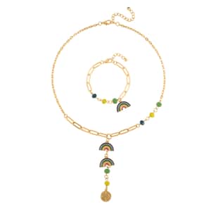 Multi Color Glass and Enameled Semicircle Charm Necklace 20-22 Inches and Bracelet (7.50-9.50In) in Goldtone