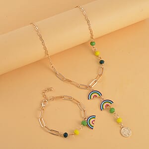 Multi Color Glass and Enameled Semicircle Charm Necklace 20-22 Inches and Bracelet (7.50-9.50In) in Goldtone