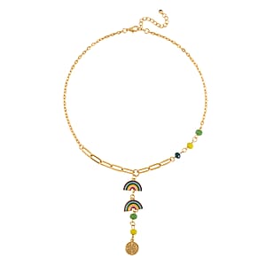 Multi Color Glass and Enameled Semicircle Charm Necklace 20-22 Inches and Bracelet (7.50-9.50In) in Goldtone