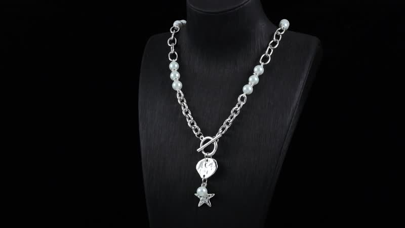 Simulated Pearl, Enameled Floral Charm Beaded Necklace (20-22 Inches) and Bracelet (7.50-9.50In) in Silvertone