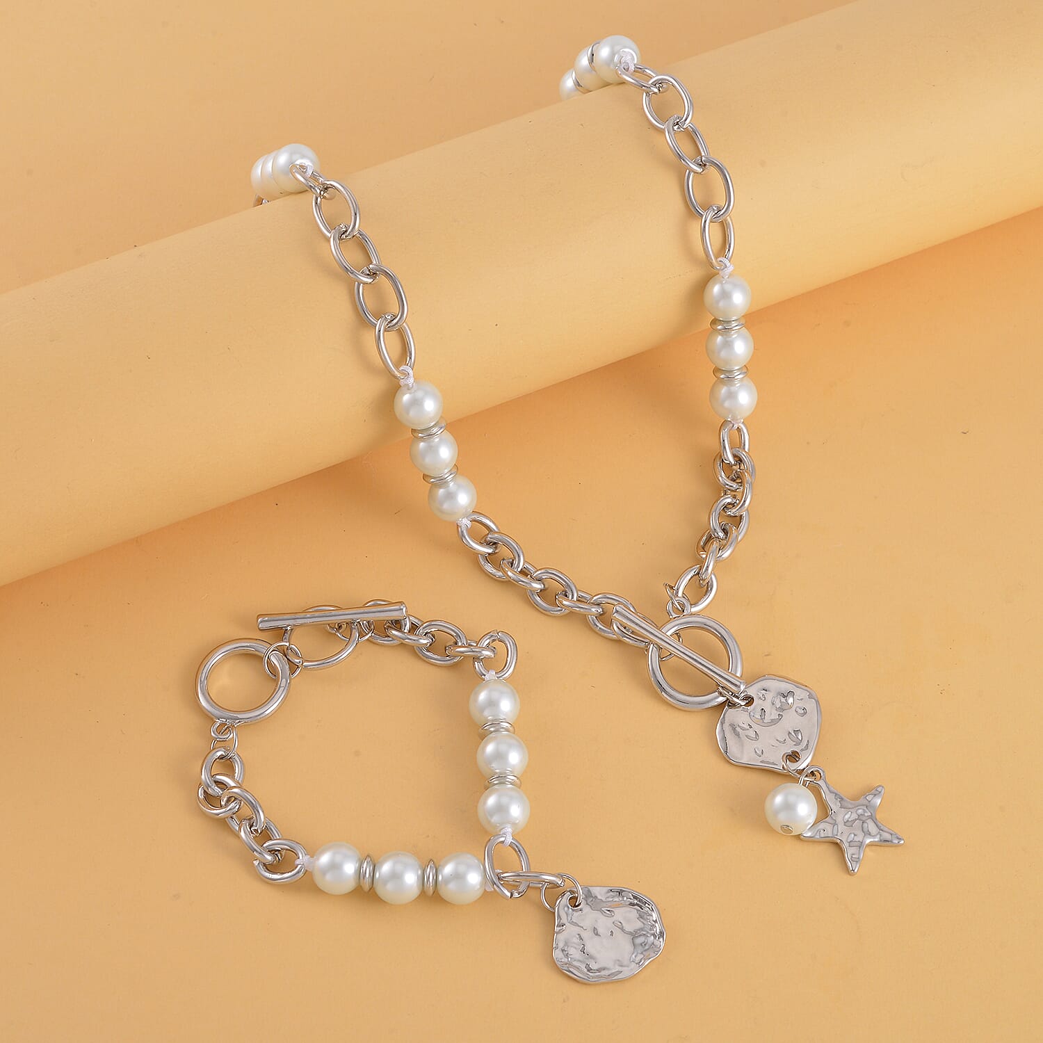 Simulated Pearl, Enameled Nugget and Star Charm Necklace 20-22 Inches and Bracelet (7.50-9.50In) in Silvertone