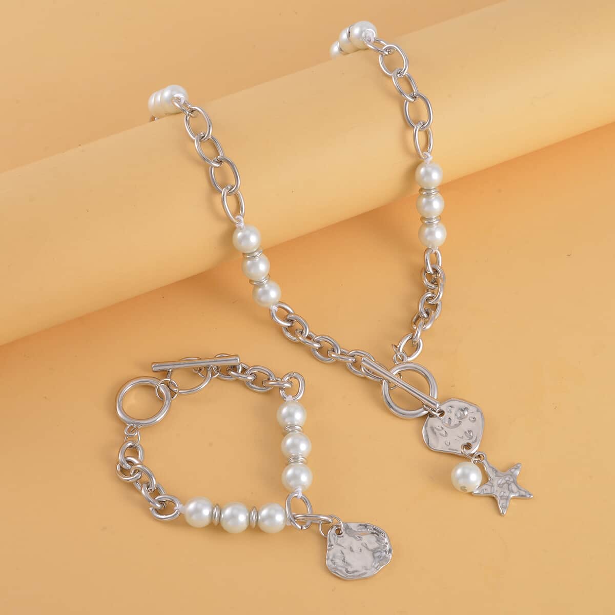 Simulated Pearl, Enameled Floral Charm Beaded Necklace (20-22 Inches) and Bracelet (7.50-9.50In) in Silvertone image number 1
