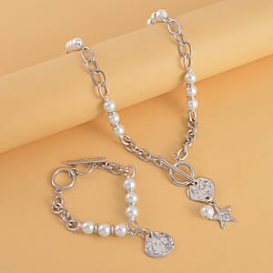 Simulated Pearl, Enameled Nugget and Star Charm Necklace 20-22 Inches and Bracelet (7.50-9.50In) in Silvertone