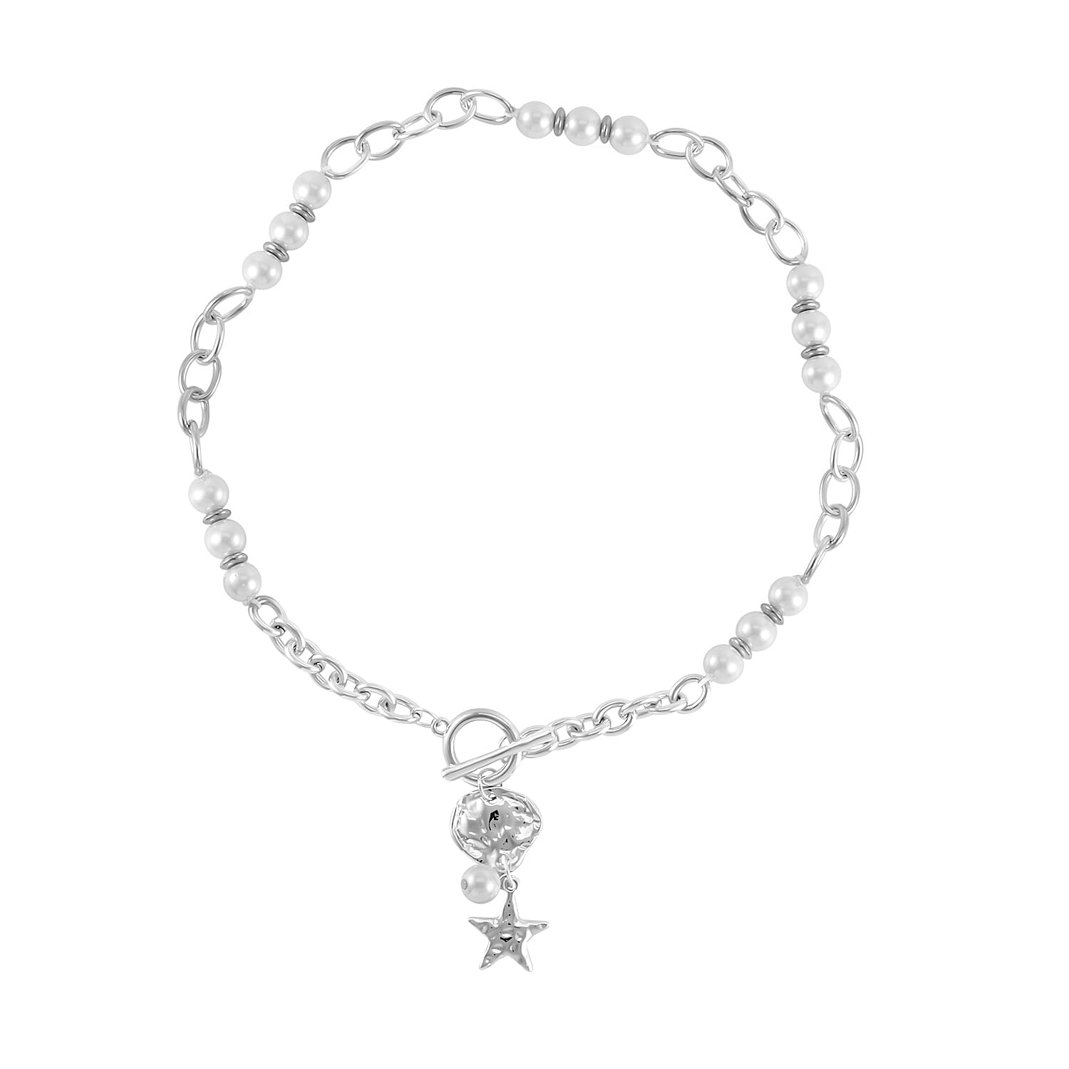 Simulated Pearl, Enameled Nugget and Star Charm Necklace 20-22 Inches and Bracelet (7.50-9.50In) in Silvertone