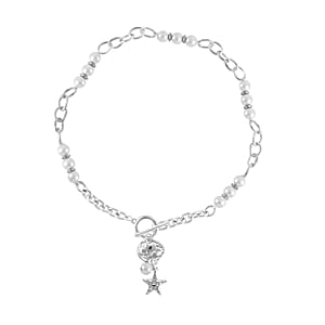 Simulated Pearl, Enameled Nugget and Star Charm Necklace 20-22 Inches and Bracelet (7.50-9.50In) in Silvertone