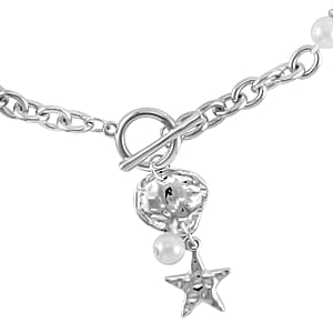 Simulated Pearl, Enameled Nugget and Star Charm Necklace 20-22 Inches and Bracelet (7.50-9.50In) in Silvertone