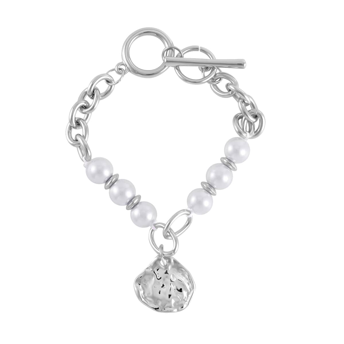Simulated Pearl, Enameled Floral Charm Beaded Necklace (20-22 Inches) and Bracelet (7.50-9.50In) in Silvertone image number 5