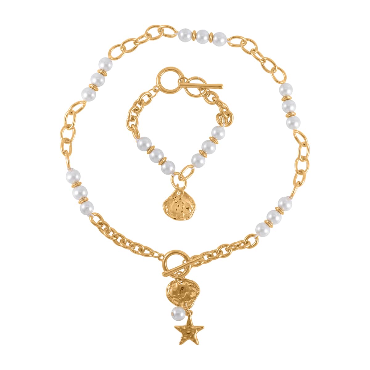 Simulated Pearl, Enameled Nugget and Star Charm Necklace 20-22 Inches and Bracelet (7.50-9.50In) in Goldtone image number 0