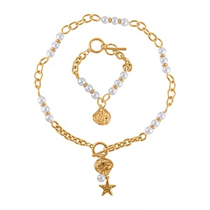 Simulated Pearl, Enameled Nugget and Star Charm Necklace 20-22 Inches and Bracelet (7.50-9.50In) in Goldtone