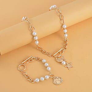 Simulated Pearl, Enameled Nugget and Star Charm Necklace 20-22 Inches and Bracelet (7.50-9.50In) in Goldtone
