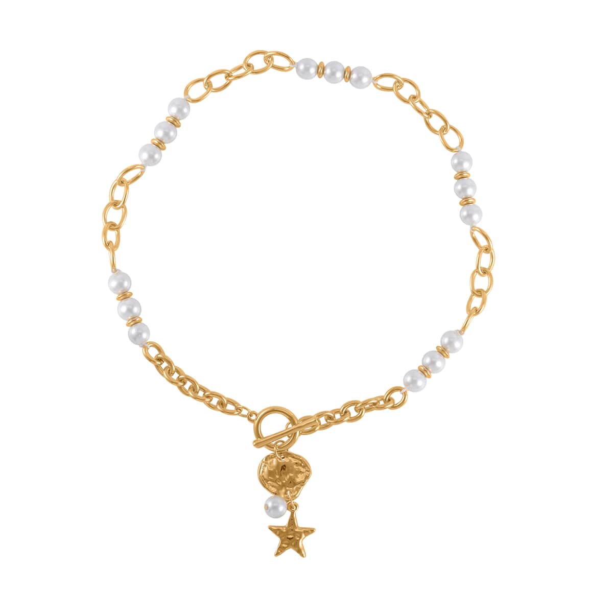 Simulated Pearl, Enameled Nugget and Star Charm Necklace 20-22 Inches and Bracelet (7.50-9.50In) in Goldtone image number 2