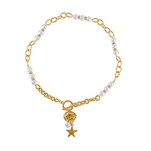 Simulated Pearl, Enameled Nugget and Star Charm Necklace 20-22 Inches and Bracelet (7.50-9.50In) in Goldtone
