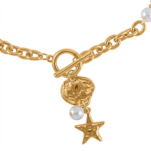 Simulated Pearl, Enameled Nugget and Star Charm Necklace 20-22 Inches and Bracelet (7.50-9.50In) in Goldtone
