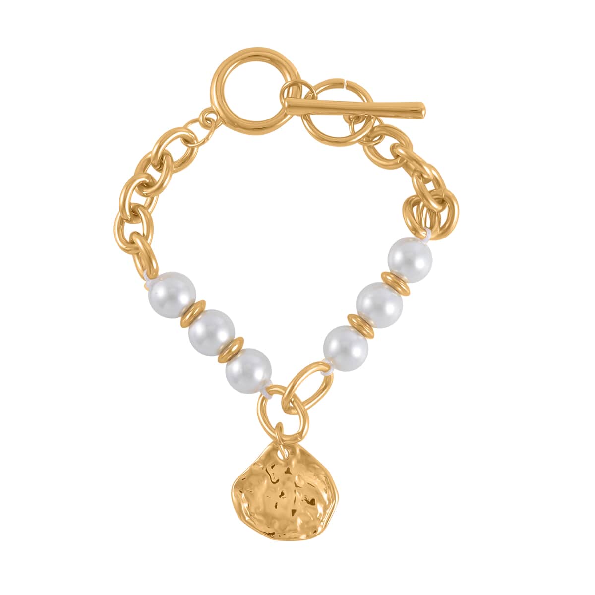 Simulated Pearl, Enameled Nugget and Star Charm Necklace 20-22 Inches and Bracelet (7.50-9.50In) in Goldtone image number 5