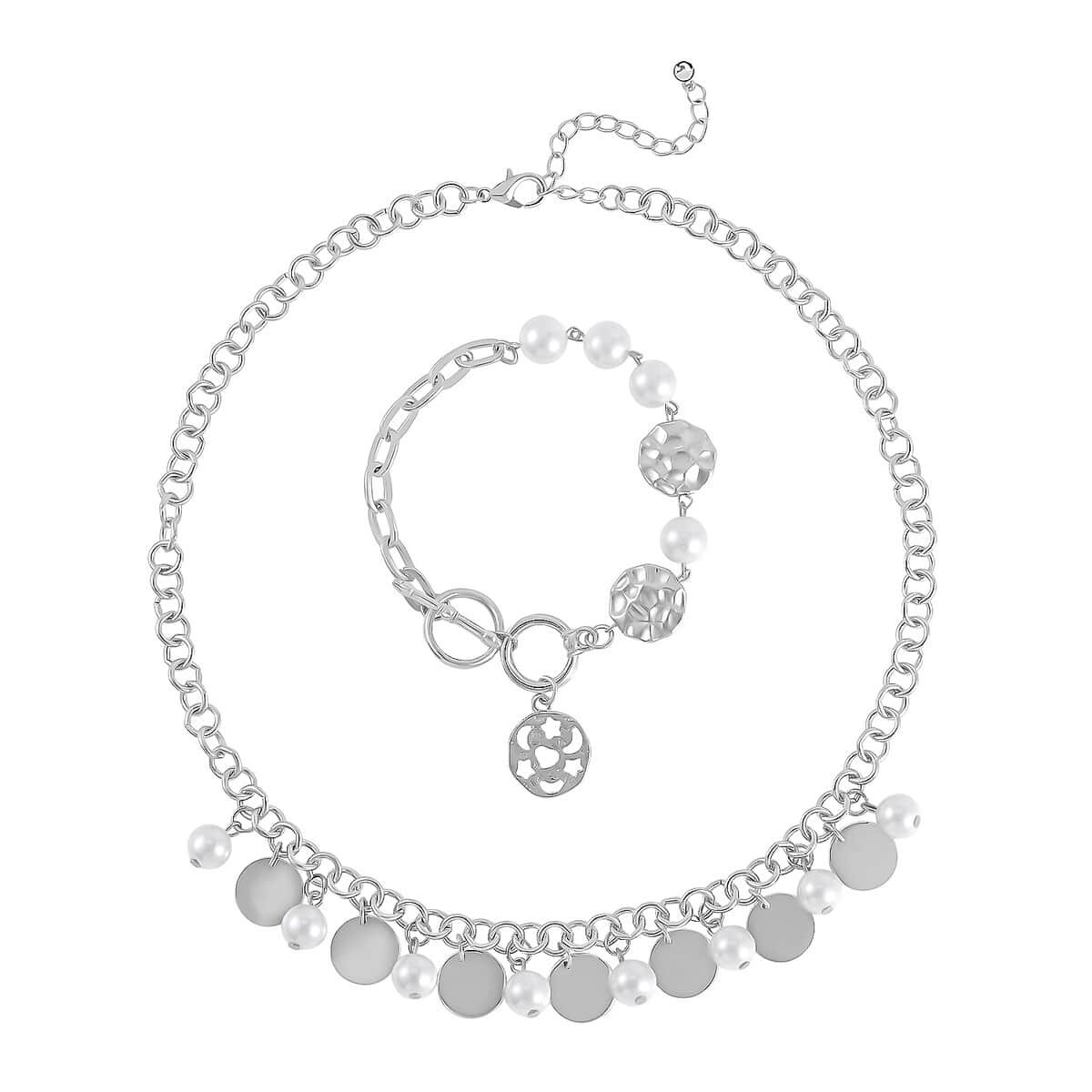 Simulated Pearl Necklace 20-22 Inches and Bracelet 8In in Silvertone image number 0