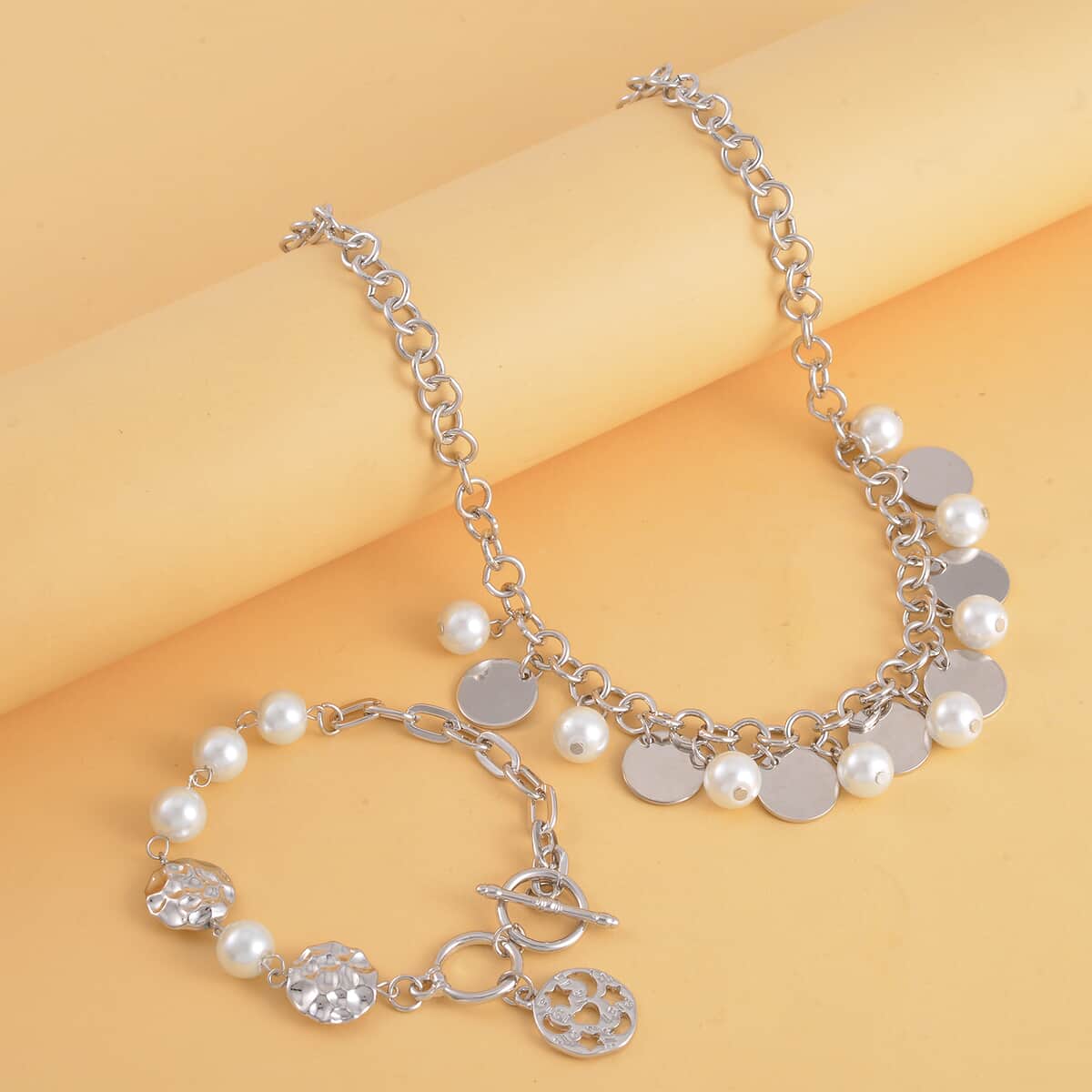 Simulated Pearl Necklace 20-22 Inches and Bracelet 8In in Silvertone image number 1