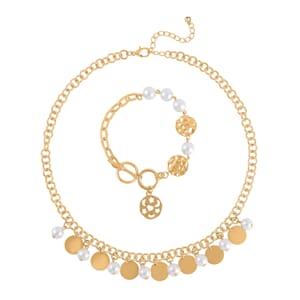 Simulated Pearl Necklace 20-22 Inches and Bracelet 8In in Goldtone