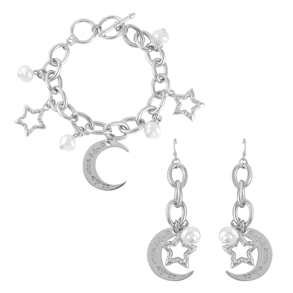 Simulated Pearl Moon Star Bracelet (7.50-8.50In) and Earrings in Silvertone image number 0