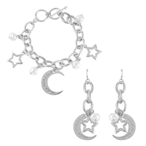 Simulated Pearl Moon Star Bracelet (7.50-8.50In) and Earrings in Silvertone