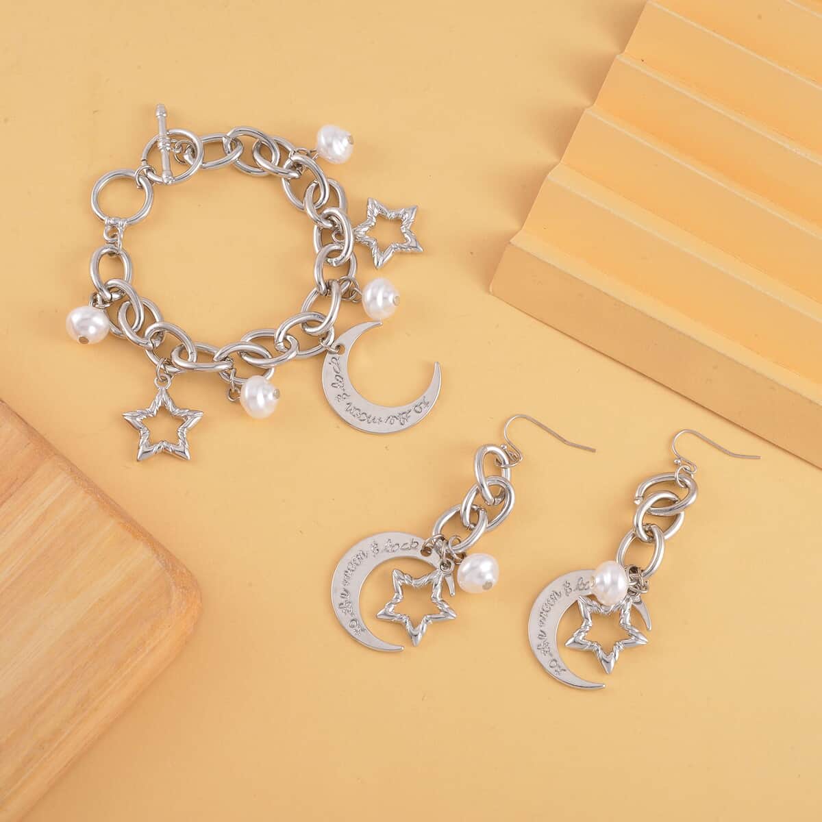 Simulated Pearl Moon Star Bracelet (7.50-8.50In) and Earrings in Silvertone image number 1