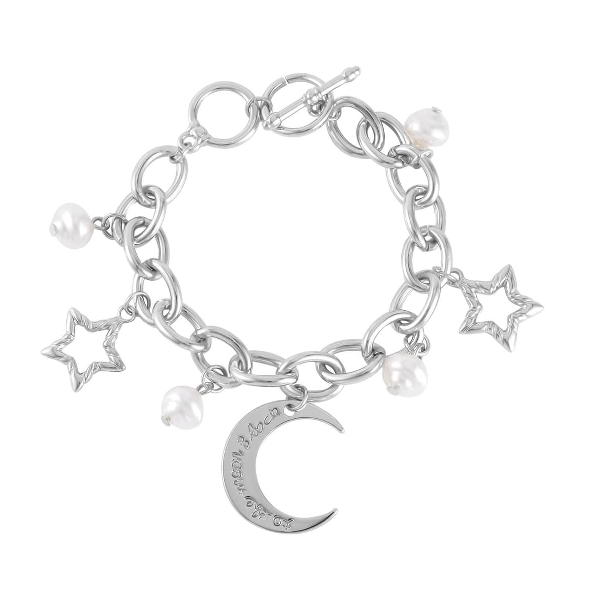 Simulated Pearl Moon Star Bracelet (7.50-8.50In) and Earrings in Silvertone image number 2