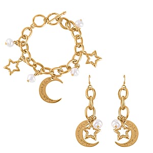 Simulated Pearl Moon Star Bracelet (7.50-8.50In) and Earrings in Goldtone