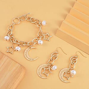 Simulated Pearl Moon Star Bracelet (7.50-8.50In) and Earrings in Goldtone
