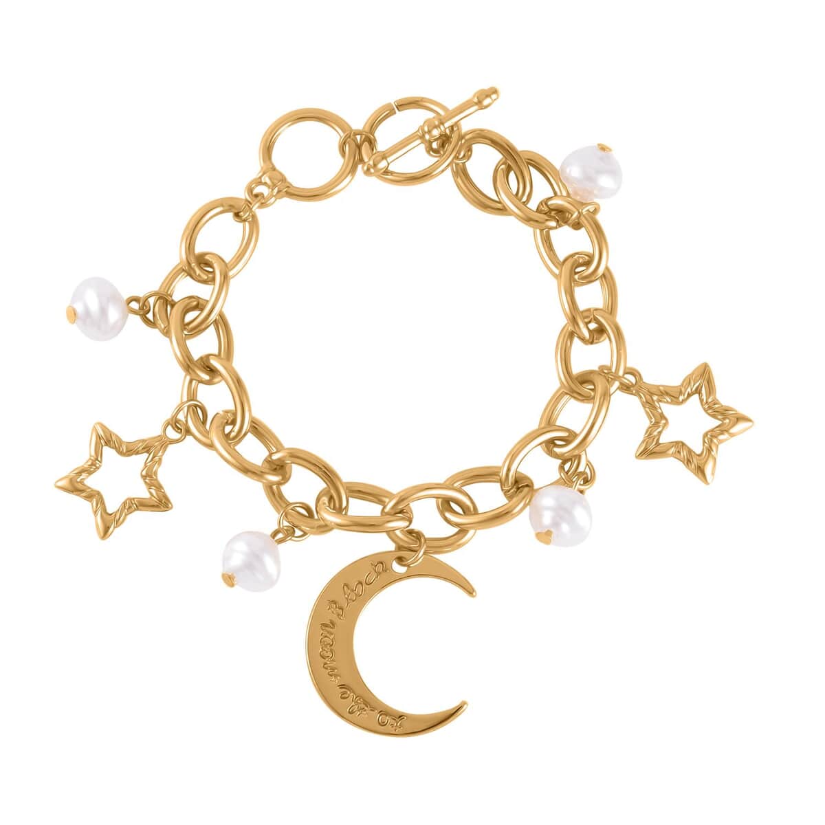 Simulated Pearl Moon Star Bracelet (7.50-8.50In) and Earrings in Goldtone image number 2