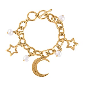 Simulated Pearl Moon Star Bracelet (7.50-8.50In) and Earrings in Goldtone