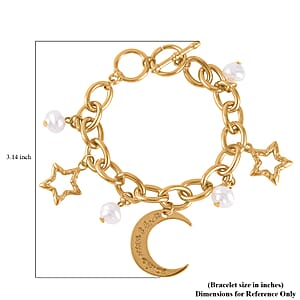 Simulated Pearl Moon Star Bracelet (7.50-8.50In) and Earrings in Goldtone