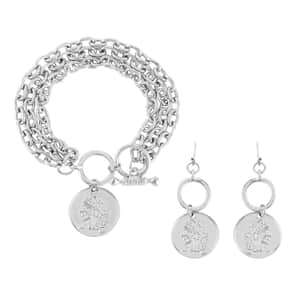 Set of 2 Coin Bracelet (7.50In) and Earrings in Silvertone