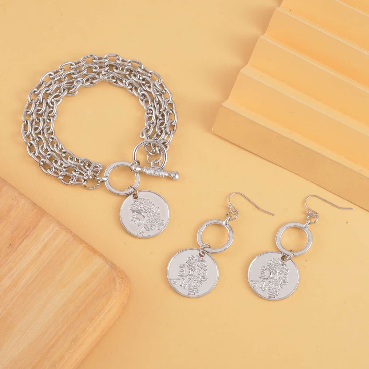 Set of 2 Coin Bracelet (7.50In) and Earrings in Silvertone , Shop LC
