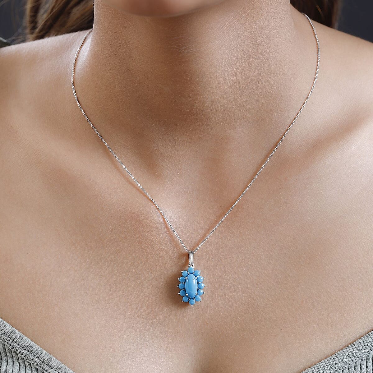 Premium Sleeping Beauty Turquoise Pendant Necklace 20 Inches in Platinum Over Sterling Silver 3.85 ctw image number 2