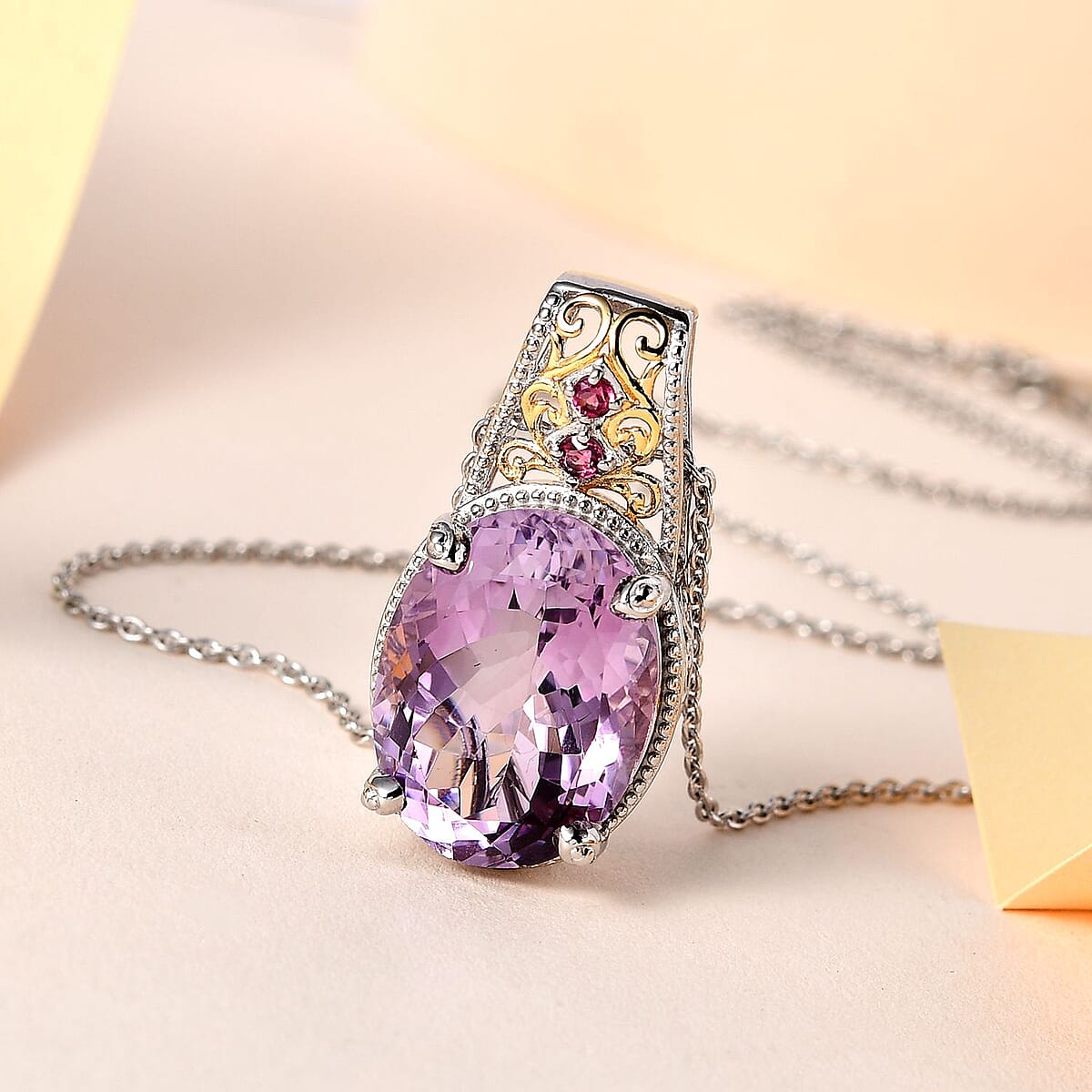 Rose De France Amethyst and Orissa Rhodolite Garnet Pendant Necklace 20 Inches in Vermeil YG and Platinum Over Sterling Silver 15.75 ctw image number 1