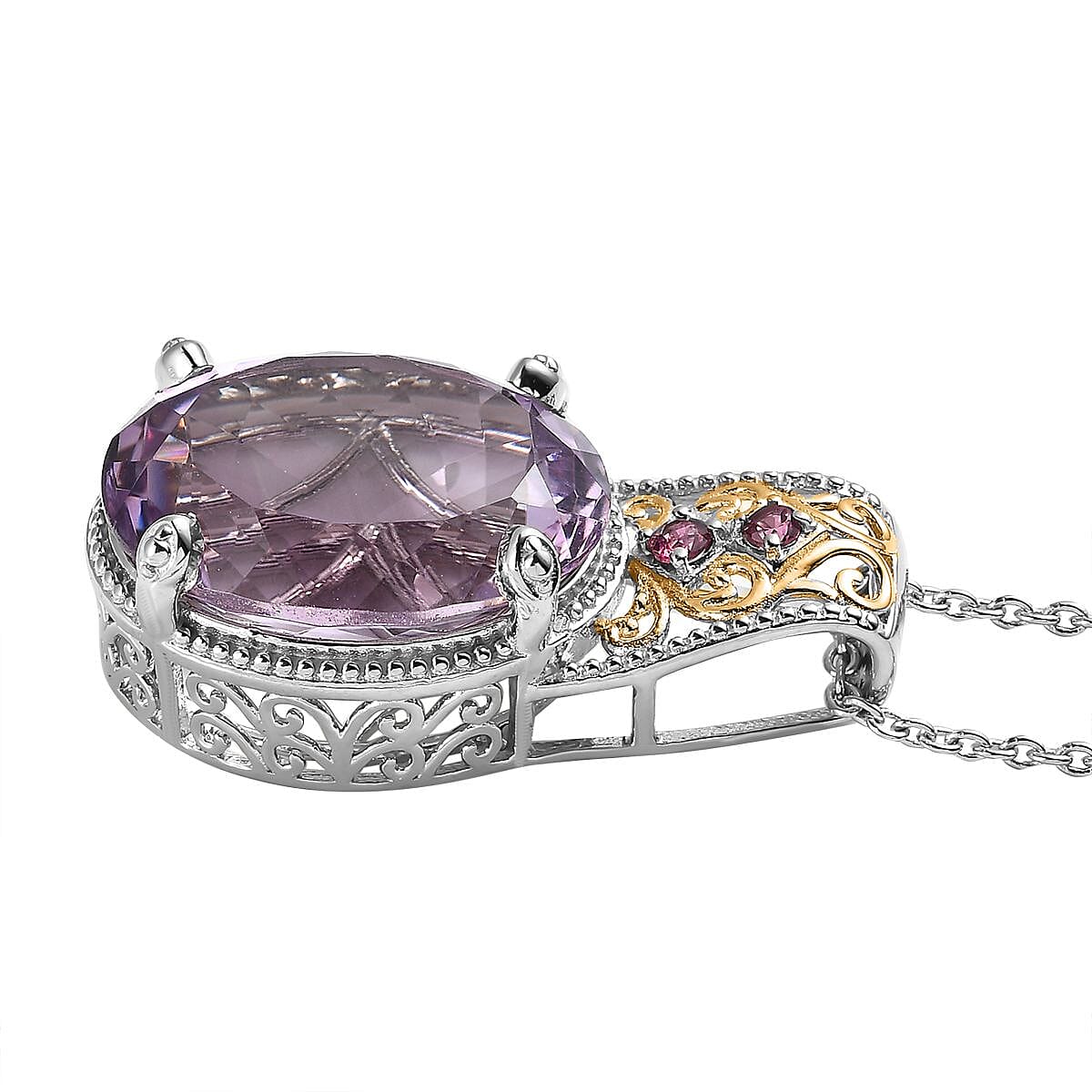 Rose De France Amethyst and Orissa Rhodolite Garnet Pendant Necklace 20 Inches in Vermeil YG and Platinum Over Sterling Silver 15.75 ctw image number 3