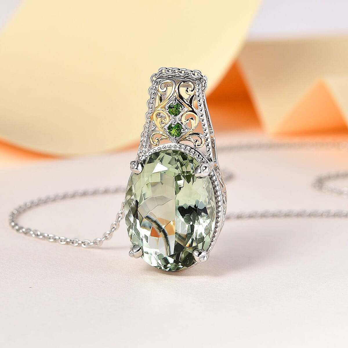 Montezuma Prasiolite and Chrome Diopside Pendant Necklace 20 Inches in Vermeil YG and Platinum Over Sterling Silver 19.00 ctw image number 1